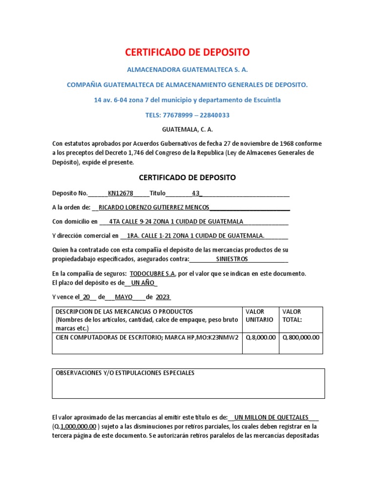 Ejemplo de Certificado de Depósito en Guatemala | PDF | Guatemala