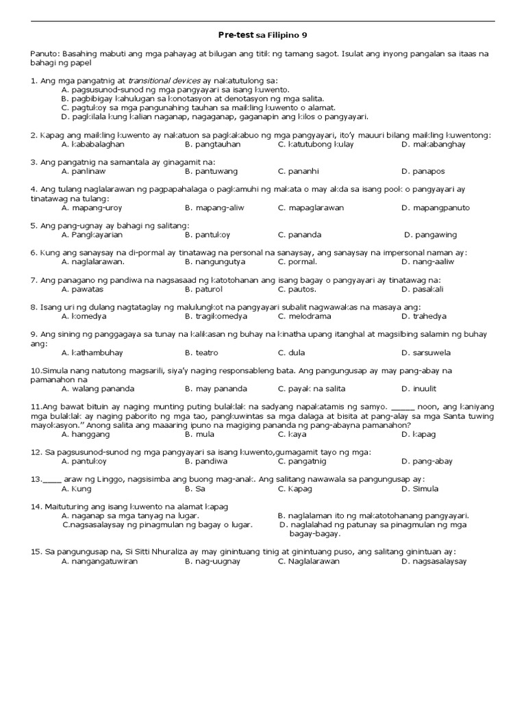 Pre-Test Sa Filipino 9 | PDF