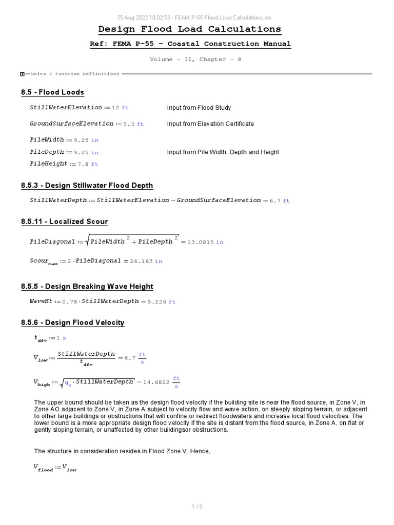 FEMA P-55 Flood Load Calculations Example | PDF | Flood | Drag (Physics)