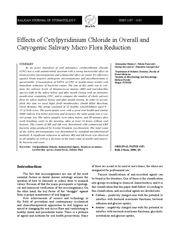 Effects of Cetylpyridinium Chloride in Overall and Caryogenic Salivary
