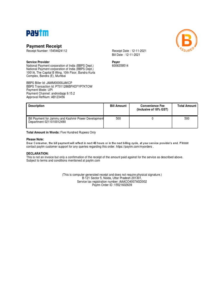 UPI Payment Receipt for Bill Payment | PDF