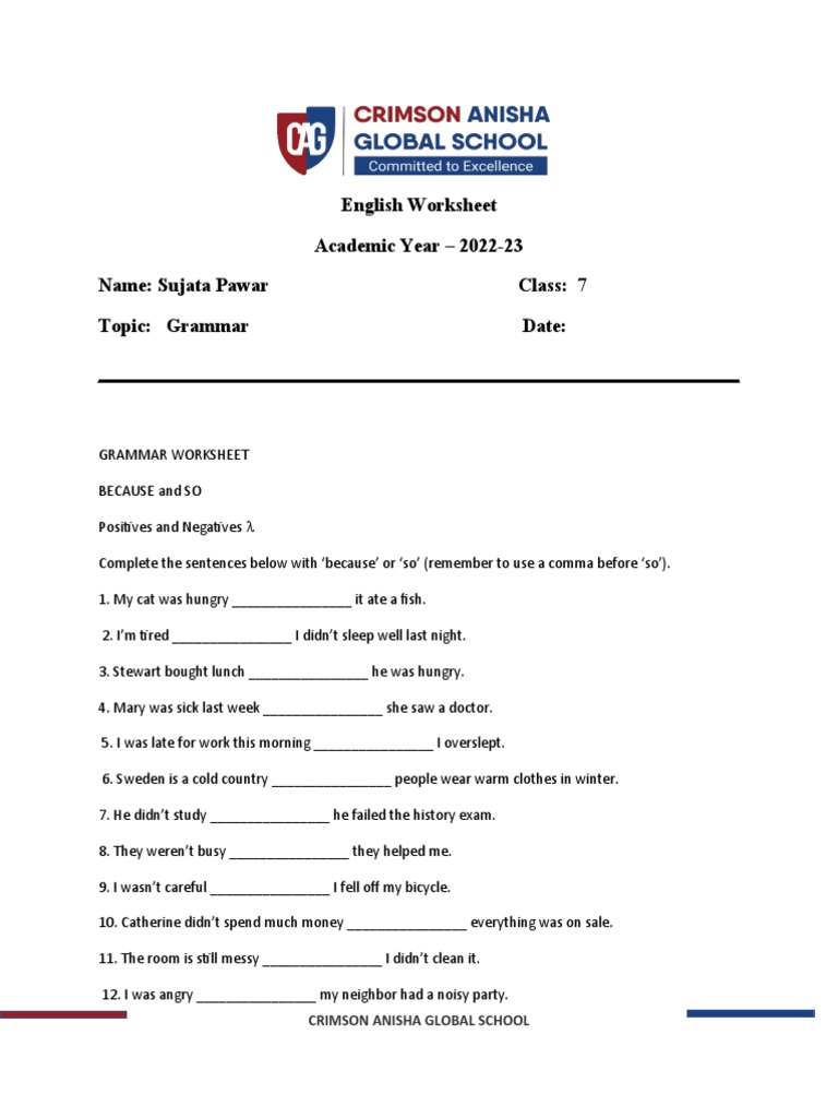 Grade 7 English WORKSHEET | PDF