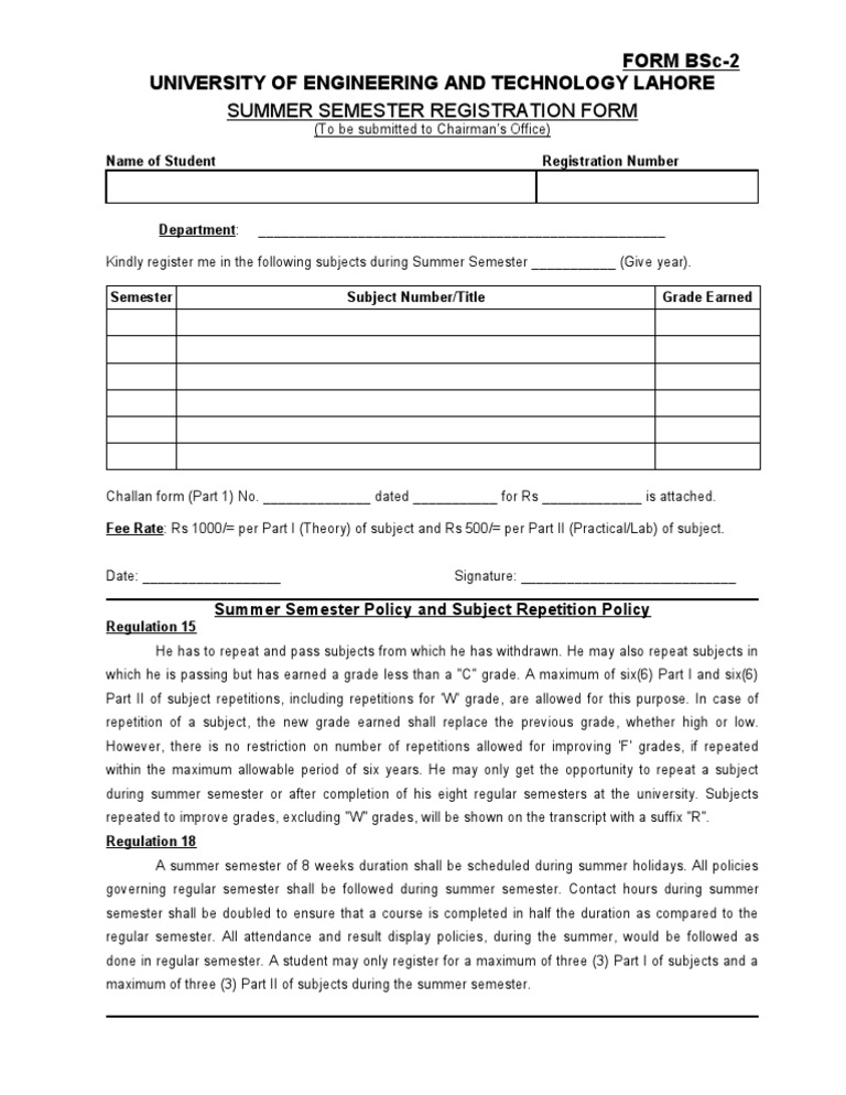 Summer Semester Registration Form UET | PDF