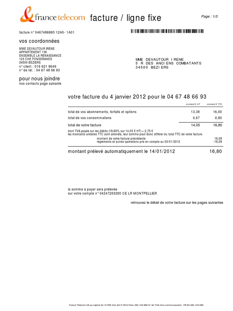 Facture France Télécom n° 0467486693 | PDF | Facture | Chèque