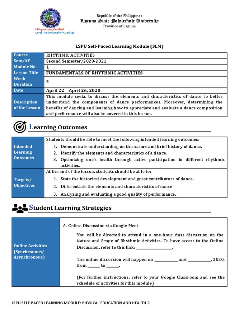 Pe 2 module 1 fundamentals of rhythmic activities pdf dances plato