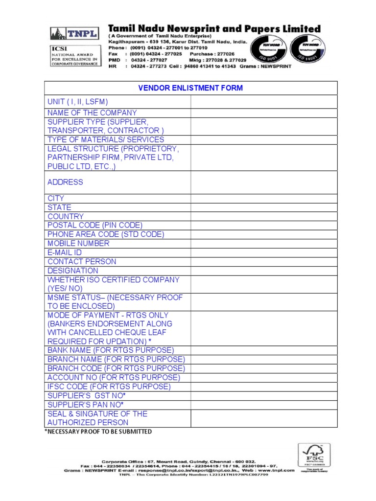 Vendor Enlistment Form Necessary Proof To Be Submitted PDF