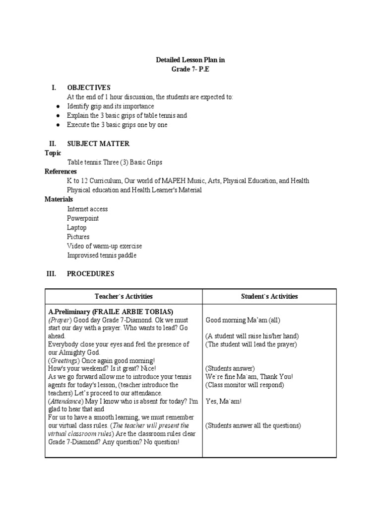 Detailed Lesson Plan in Grade 7P.E I. Objectives (Prayer) Good Day