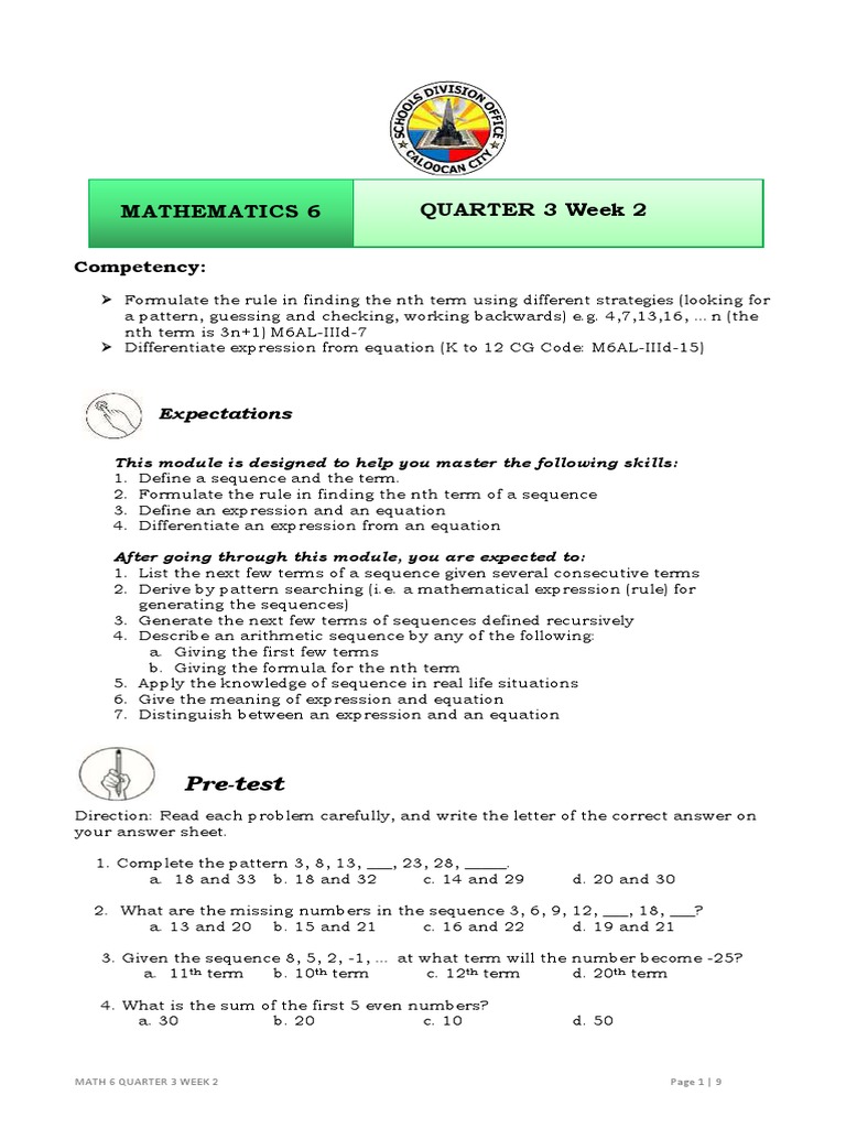 Mathematics 6 quarter 3 week 2 pre test pdf equations mathematics