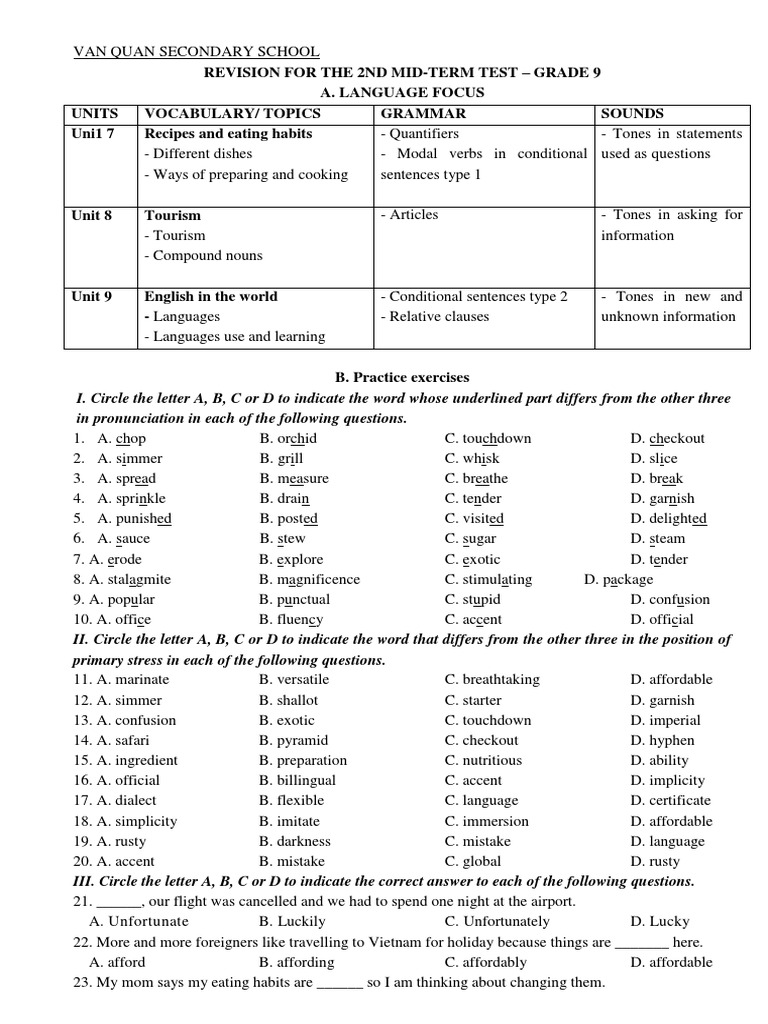 Grade 9 Mid-Term Test Revision Guide | PDF | English Language | Cognition