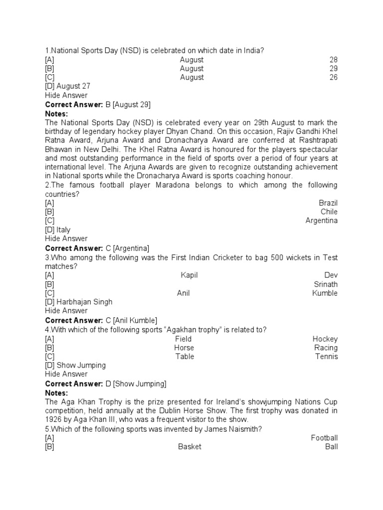 Sports Trivia Multiple Choice Questions on National and International
