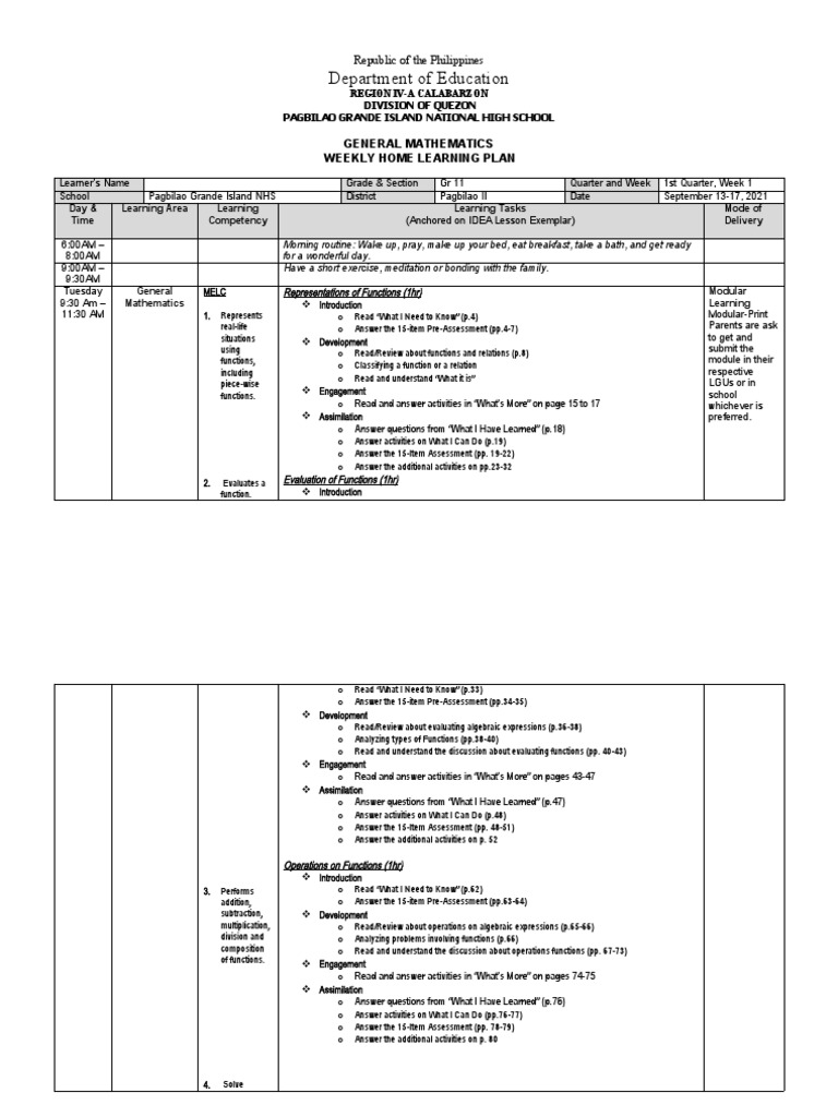 Department of Education: General Mathematics Weekly Home Learning Plan ...