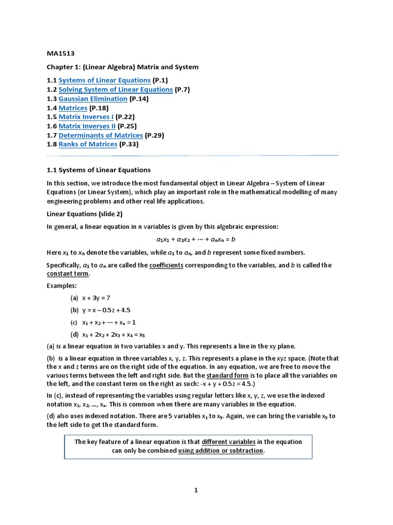 MA1513 Chapter 1 Lecture Note | PDF | System Of Linear Equations ...