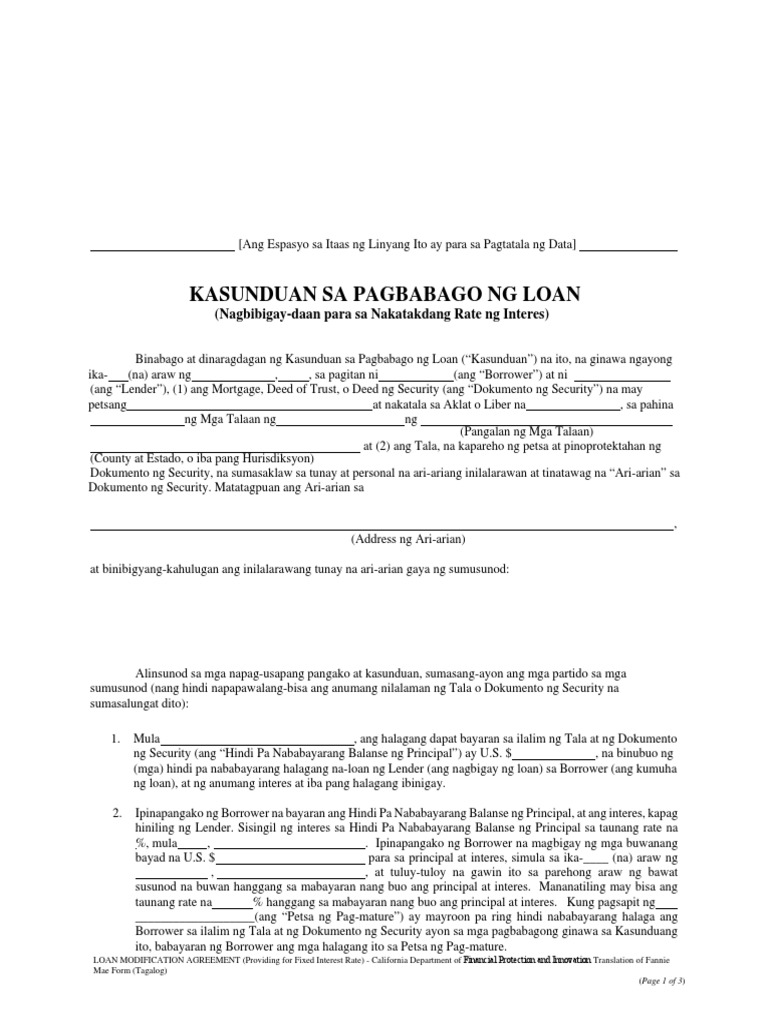 Tagalog Loan Modification Providing For Fixed Interest Rate PDF