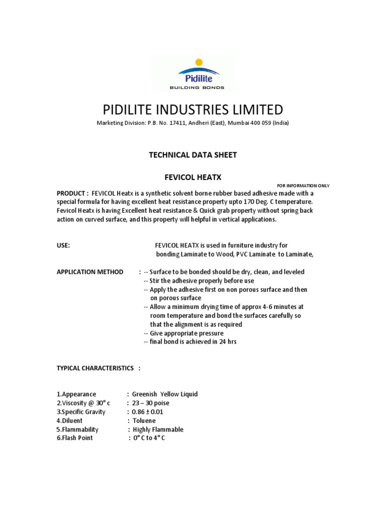 Pidilite Industries Limited Technical Data Sheet Fevicol Heatx PDF