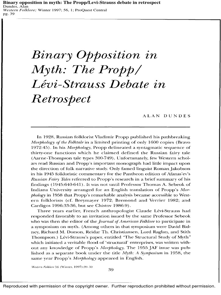 Binary opposition in myth dundes 1997 pdf