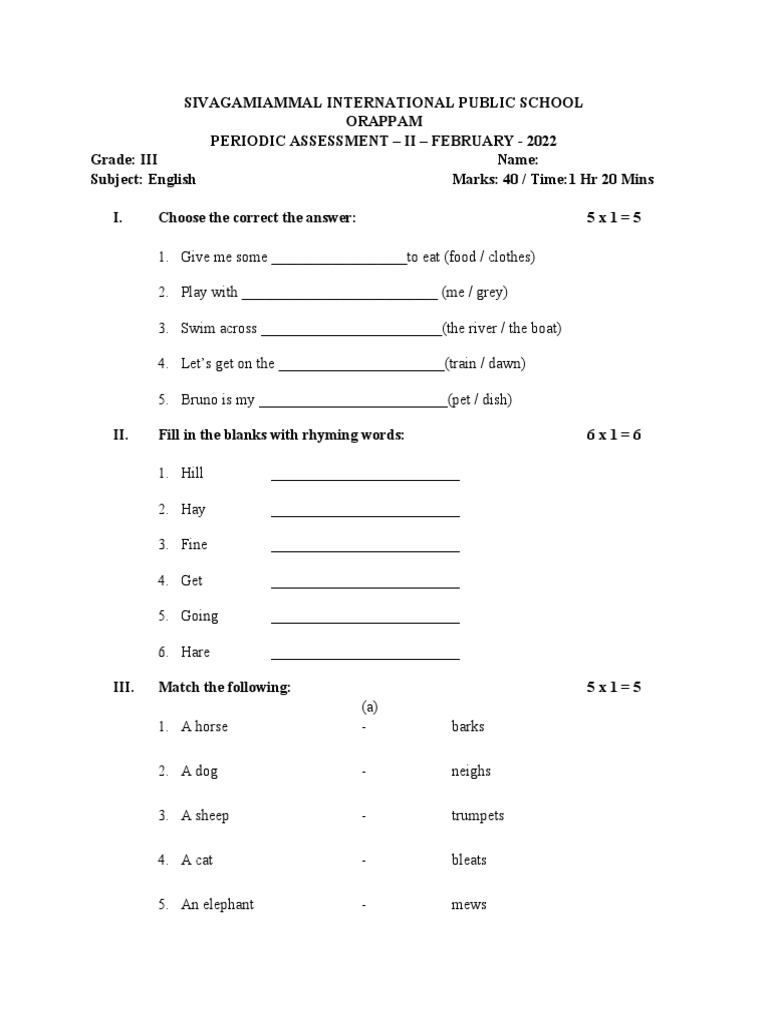 Assessing English Skills A Periodic Test on Grammar, Vocabulary, and Comprehension PDF