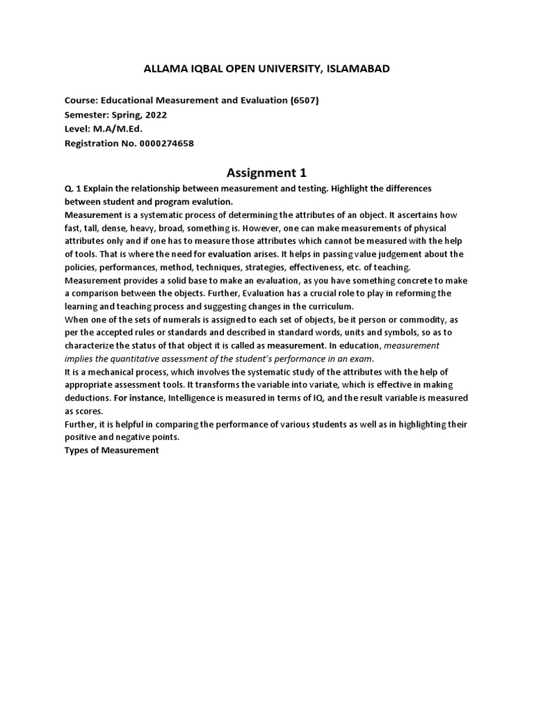 Assignment 1: Allama Iqbal Open University, Islamabad | PDF | Test ...