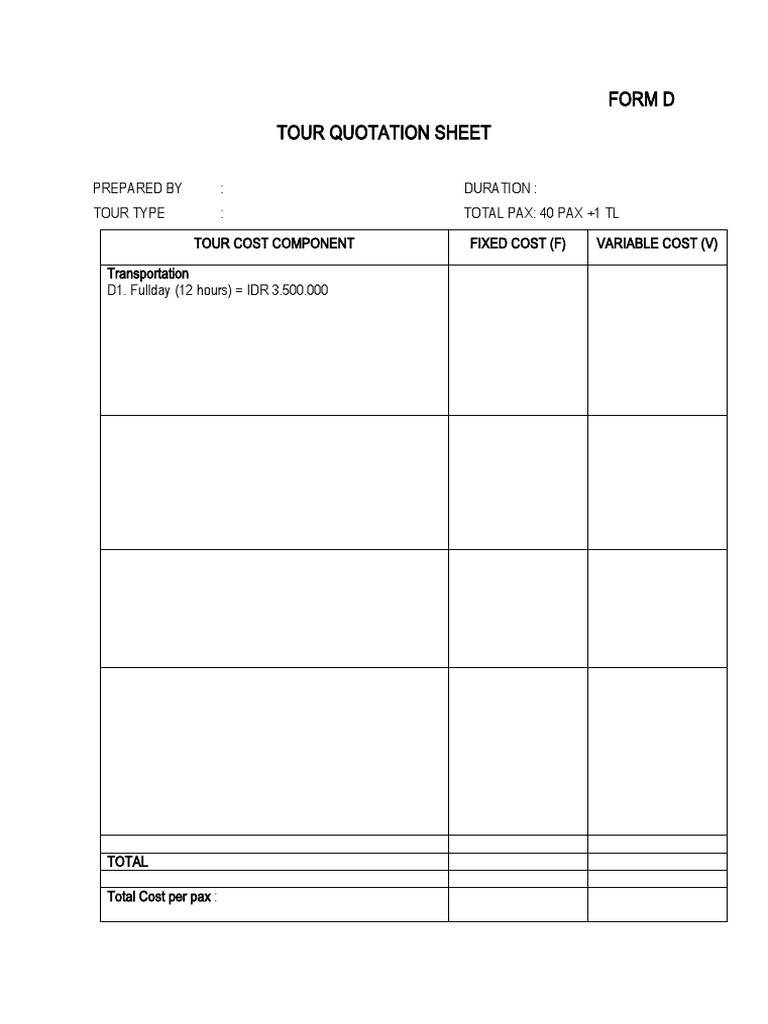 Form D Tour Quotation Sheet PDF