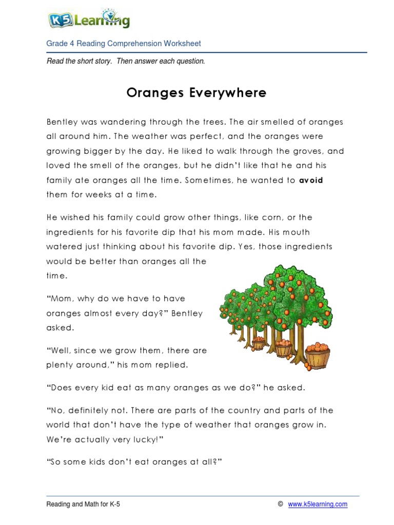 Oranges Everywhere Grade 4 Reading Comprehension Worksheet PDF