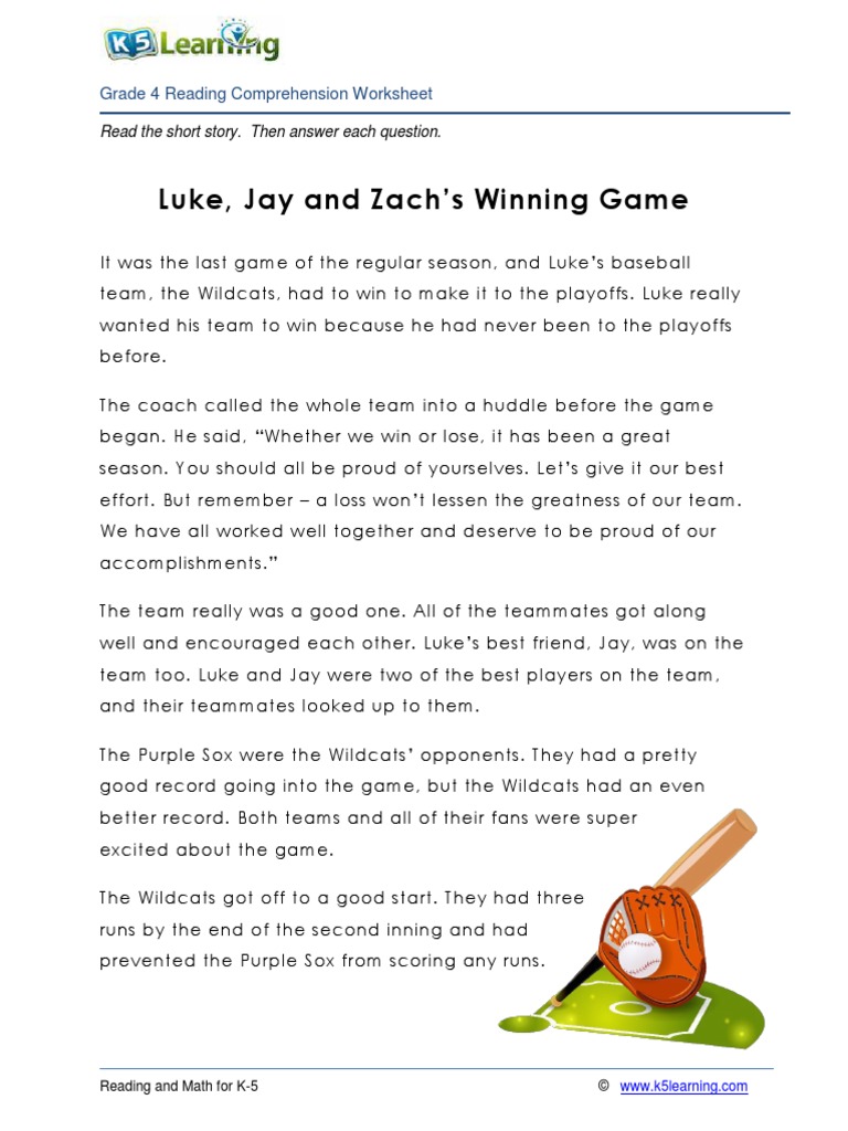 Luke, Jay and Zach's Winning Game: Grade 4 Reading Comprehension