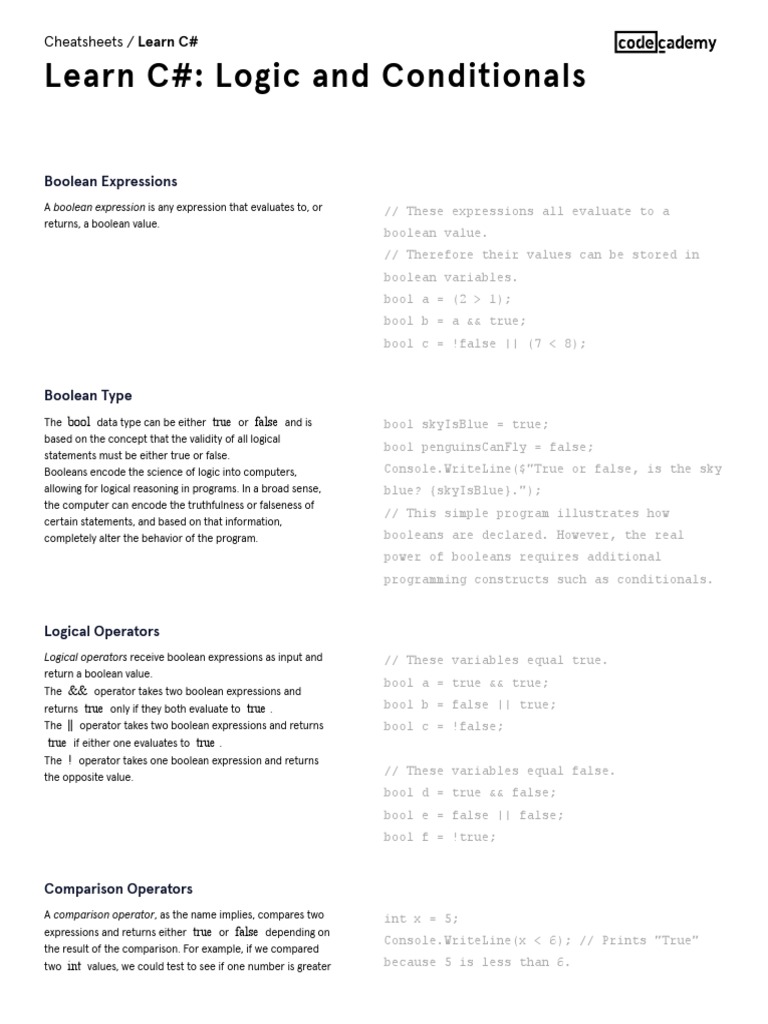 2 Learn C#_ Learn C#_ Logic and Conditionals Cheatsheet _ Codecademy ...