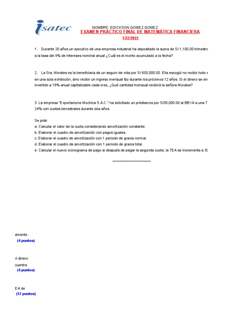 Examen de Matemáticas Financieras Resuelto | PDF | Amortización ...