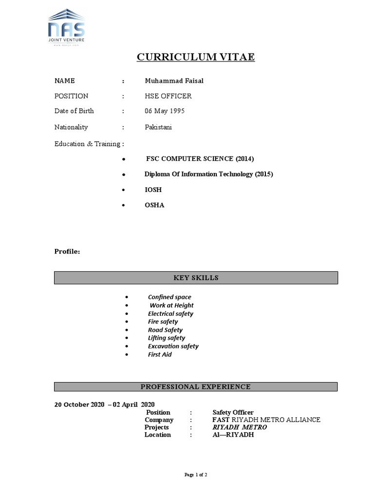 Faisal CV DAR FORMAT PDF