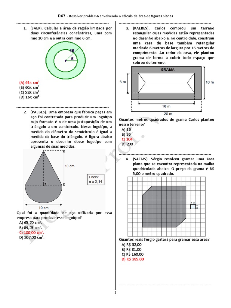 D67 (9º ANO) Area de Figuras Planas | PDF | Área