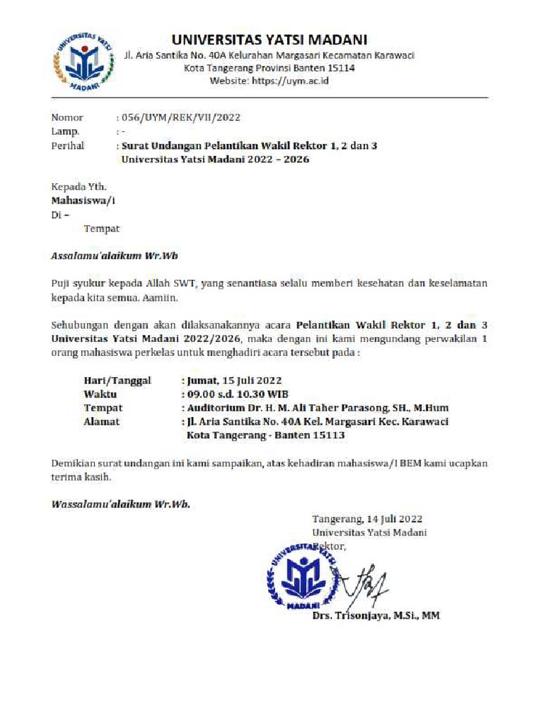 Undangan Pelantikan Warek UYM - Mahasiswa-I UYM | PDF