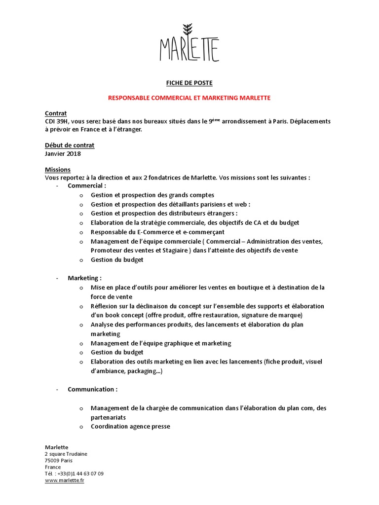 Fiche de Poste Responsable Commercial | PDF | Commercialisation | Business