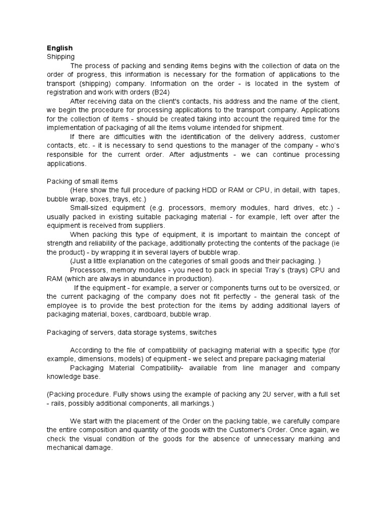 Scenario Packing Shipping Eng Ind Pdf Packaging And Labeling