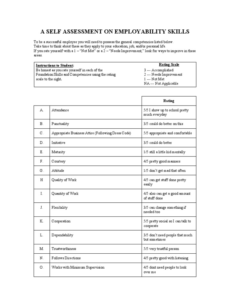 Employability Skills Self-Assessment | PDF | Psychology | Behavioural ...