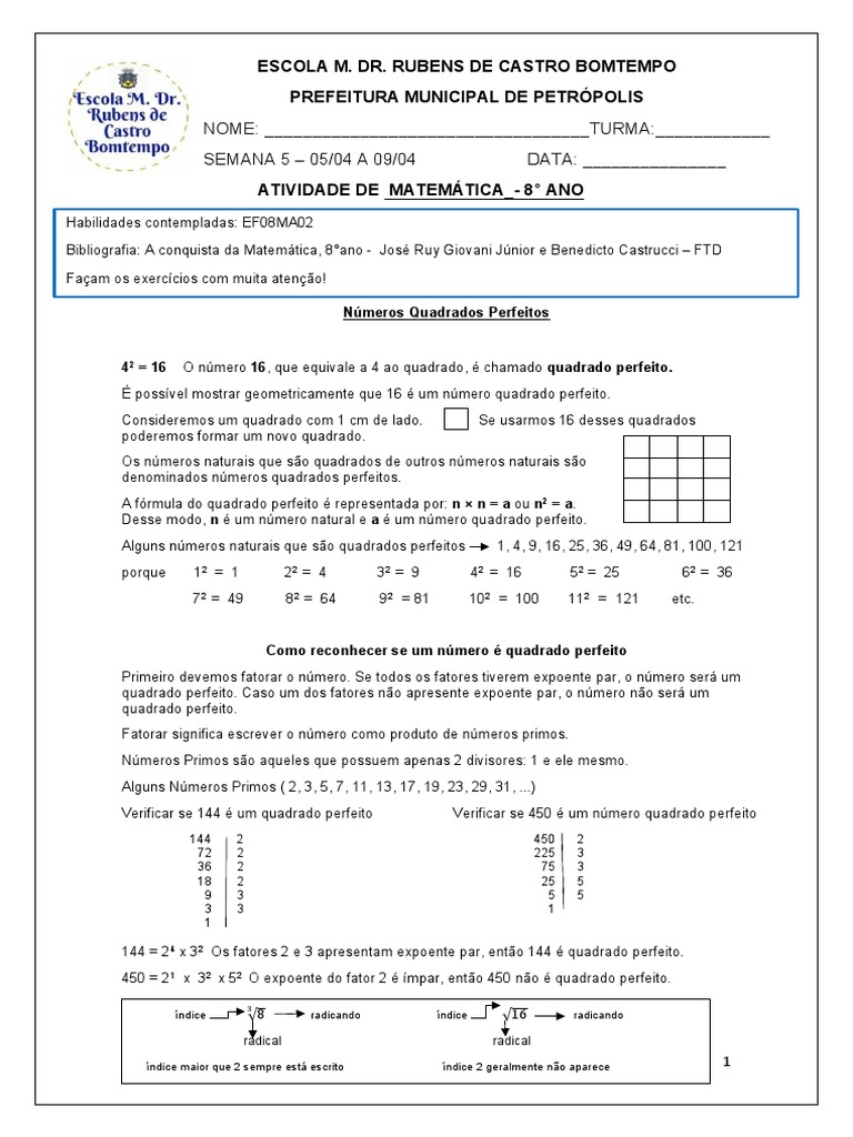 Semana 5 8 Ano Numeros Quadrados Perfeitos e Raiz Quadrada Exata de Um ...
