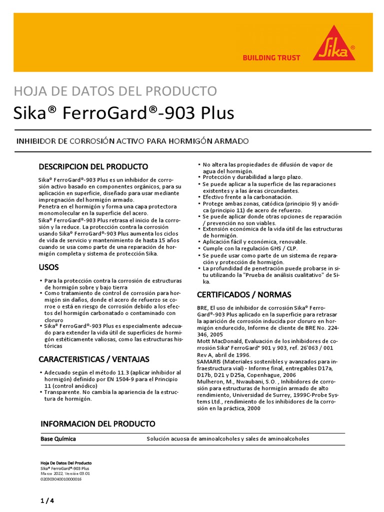 Sika® FerroGard®-903 Plus: Inhibidor de Corrosión | PDF | Hormigón ...