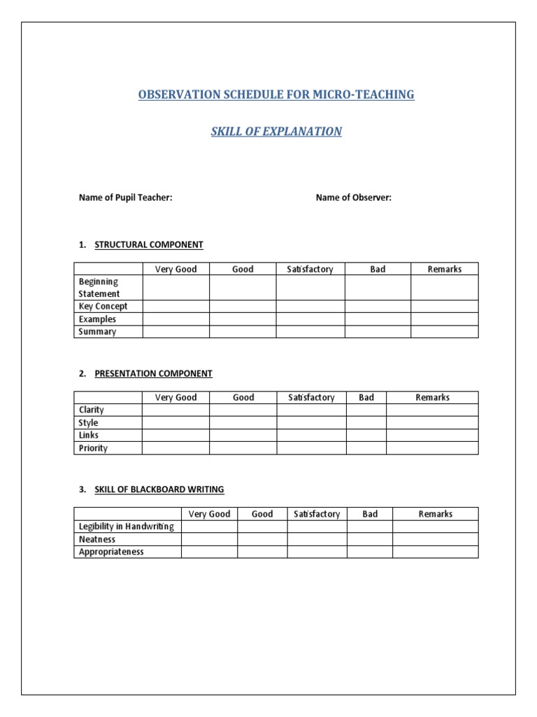 Observation Schedule for Micro-Teaching | PDF