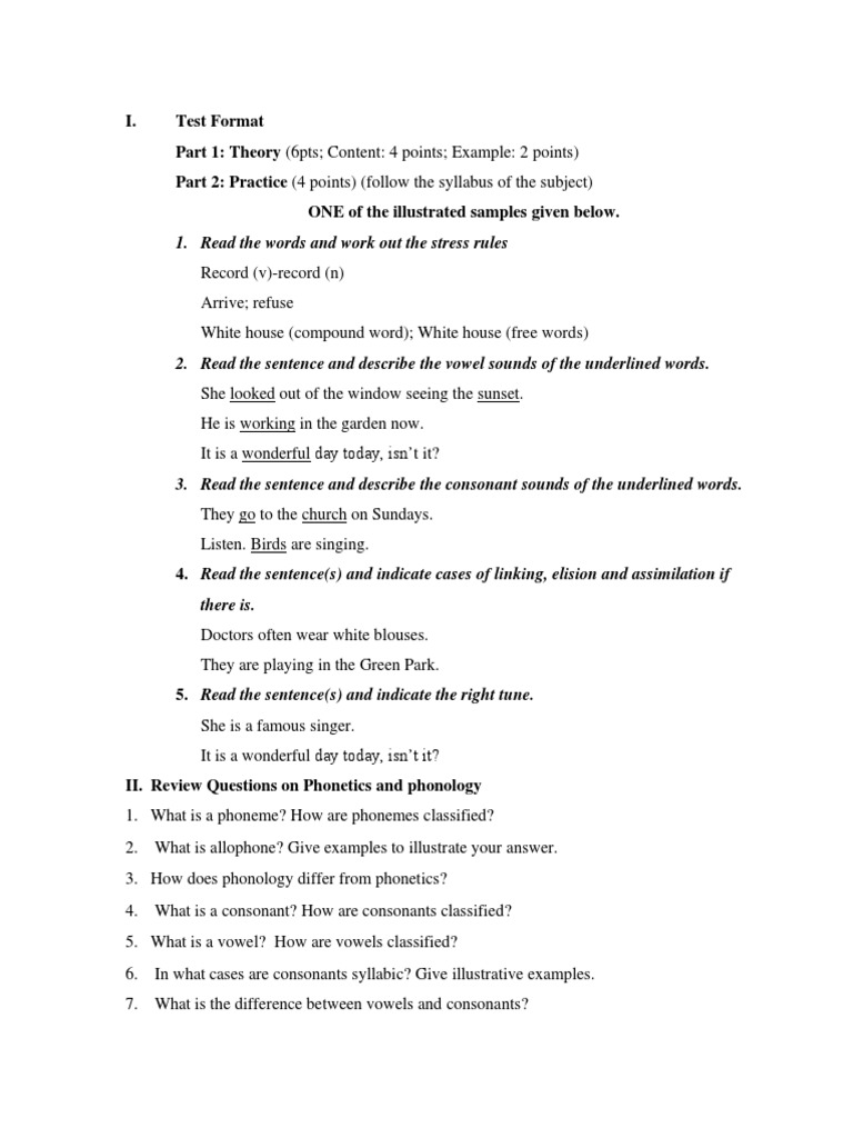 Phonetics and Phonology Test Guide | PDF | Stress (Linguistics) | Consonant