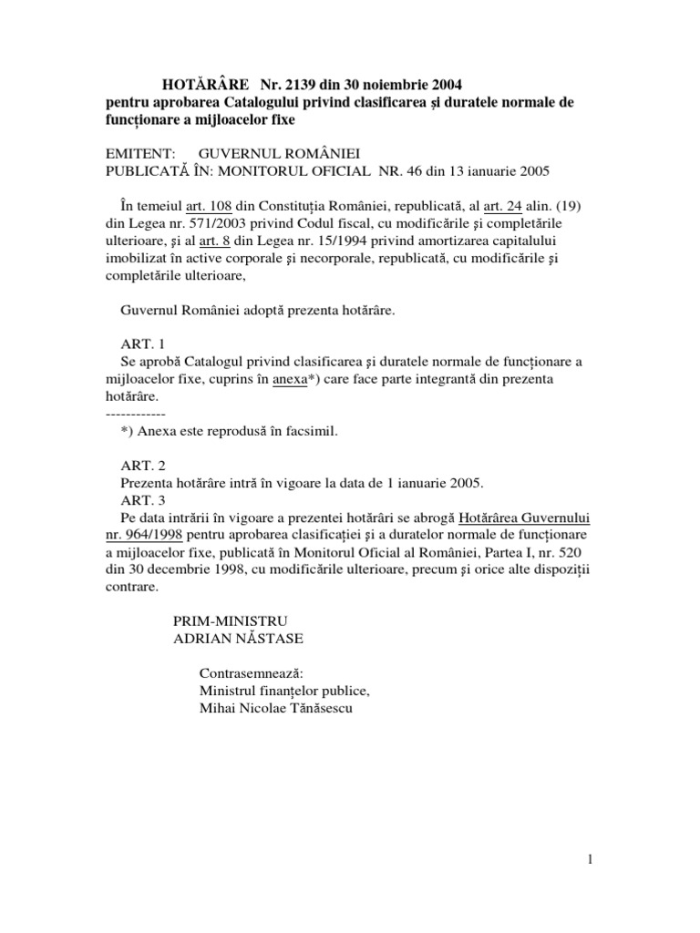 HG 2139 Din 2004 Catalog Privind Clasific Si DNF Mijloace Fixe | PDF