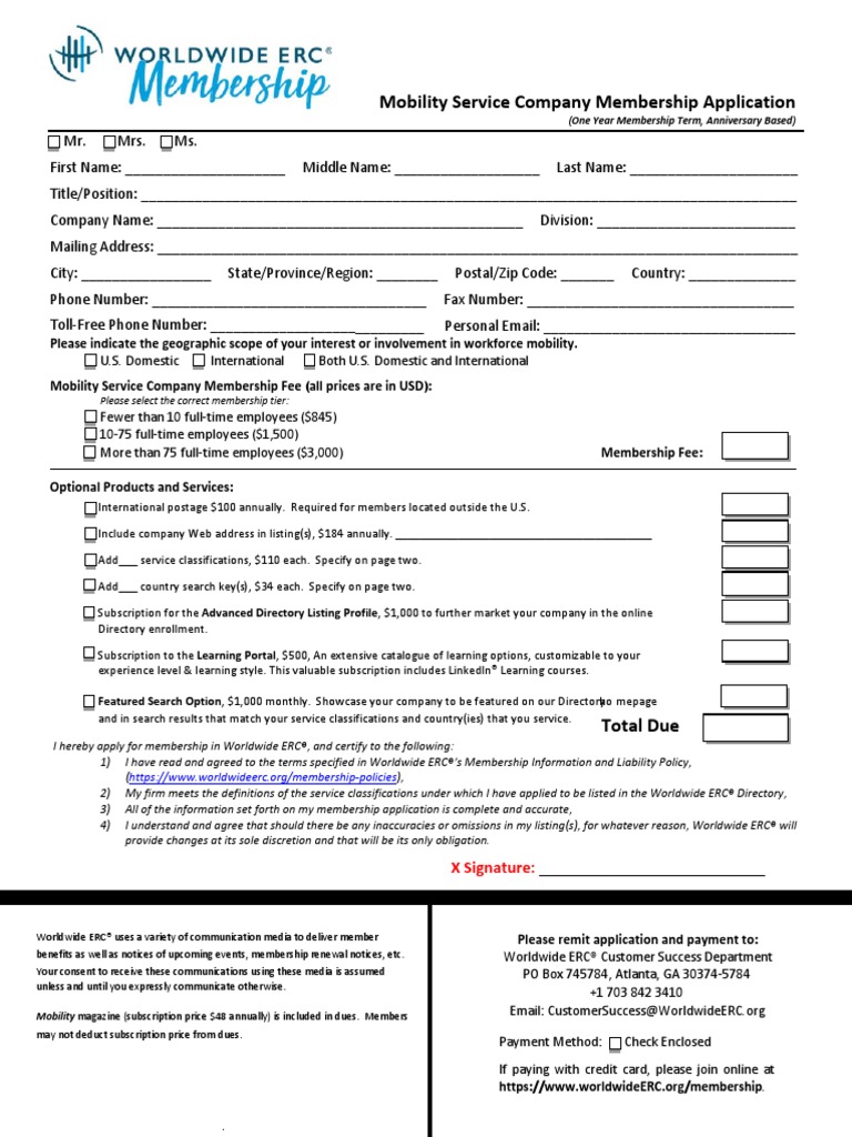 Blank Mobility Service Company Membership Application Packet | PDF | Cost  Of Living | Mail