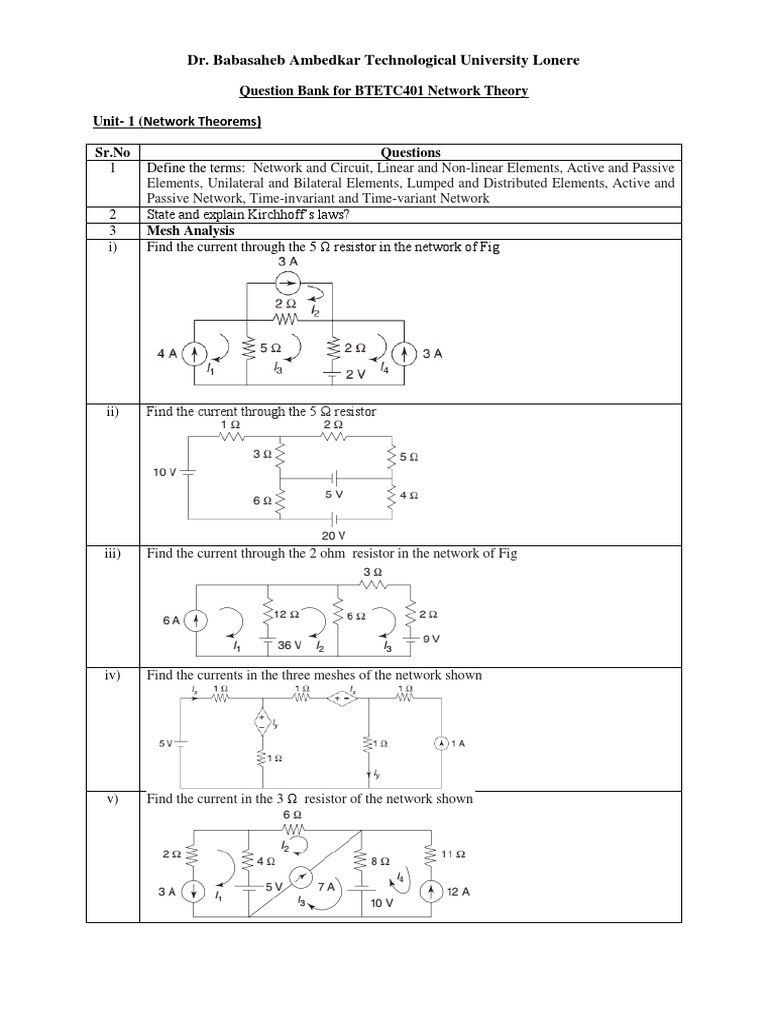 Network Theory Question Bank for BTETC401 | PDF | Electronic Filter ...