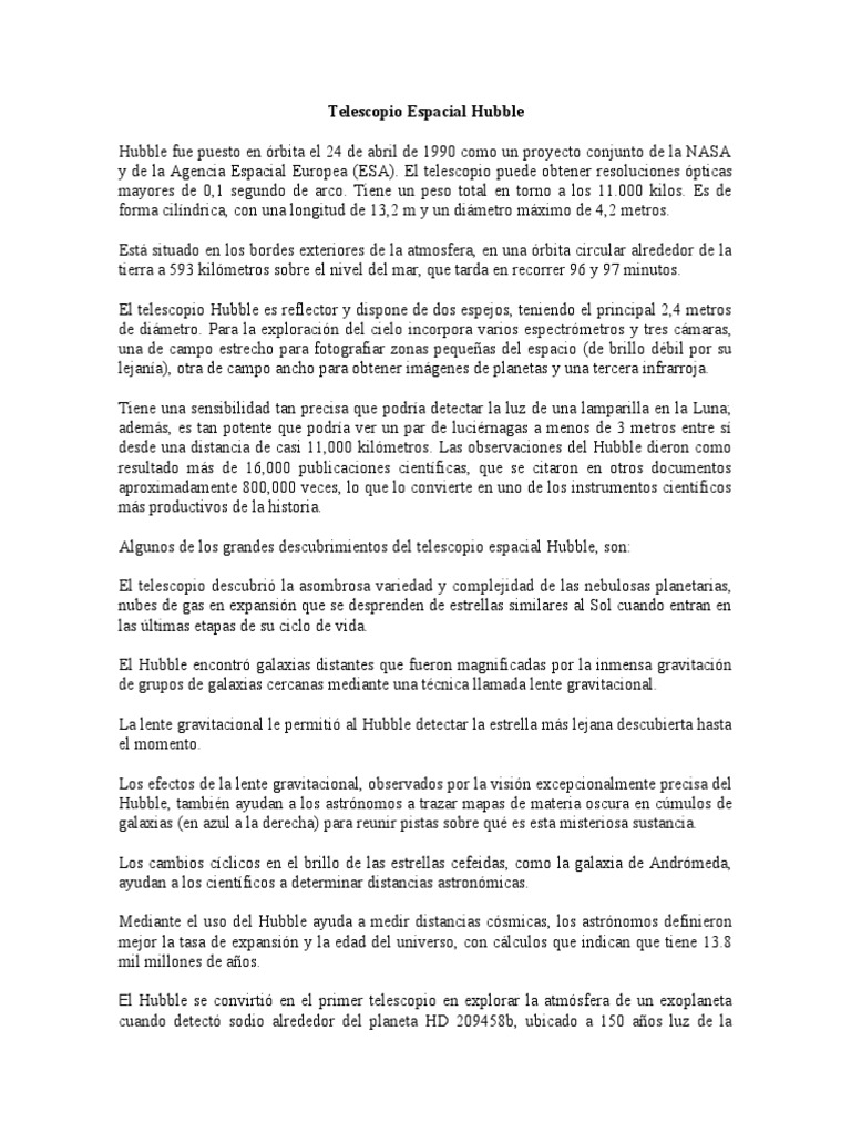 Descubrimientos del Telescopio Hubble | PDF | telescopio espacial ...