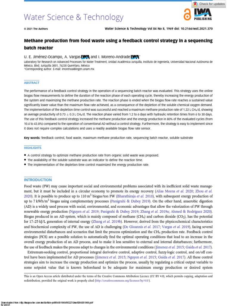 Methane Production From Food Waste Using A Feedback Control Strategy in