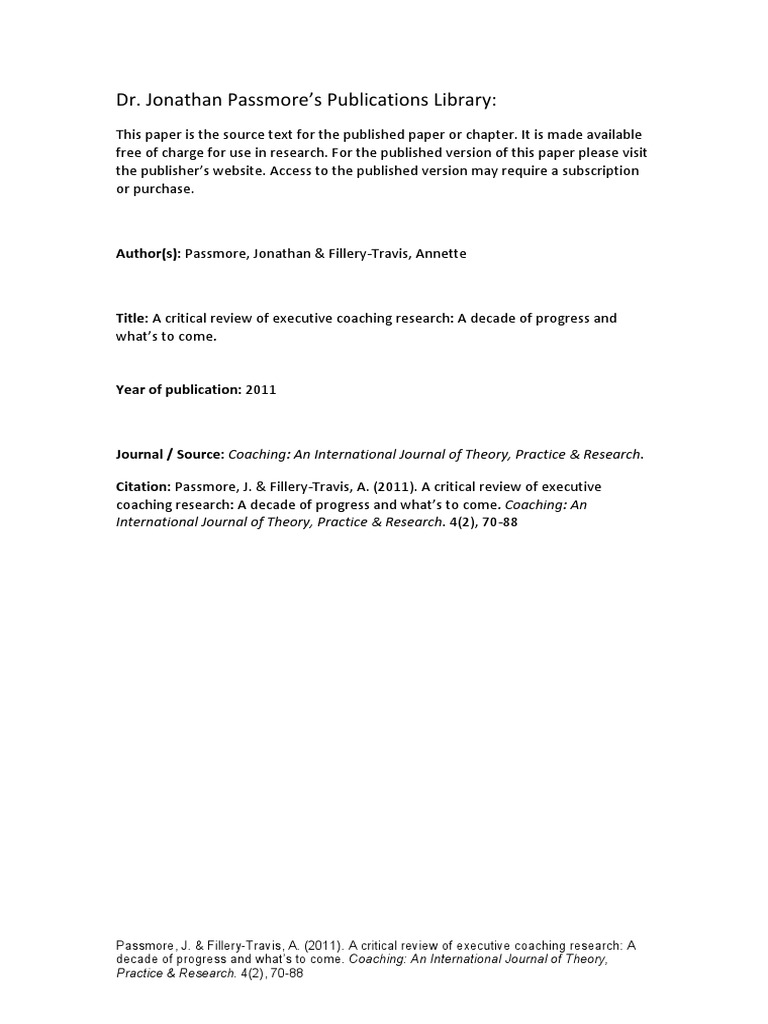 A Critical Review of Executive Coaching Research PDF Randomized