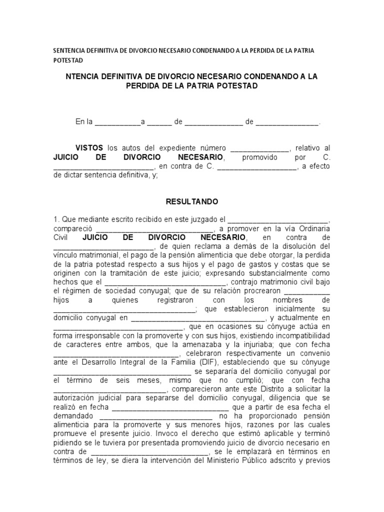 Sentencia Definitiva de Divorcio Necesario Condenando A La Perdida de ...