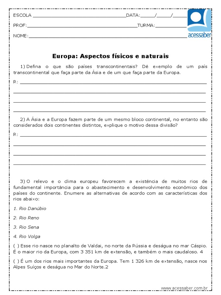 Atividade de Geografia Europa Aspectos Fisicos e Naturais 9 Ano | PDF ...