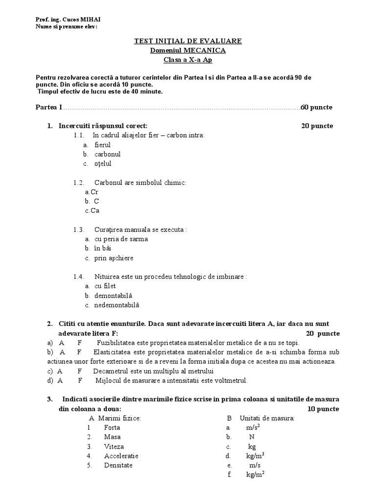 Test Initial Clasa X 1 | PDF
