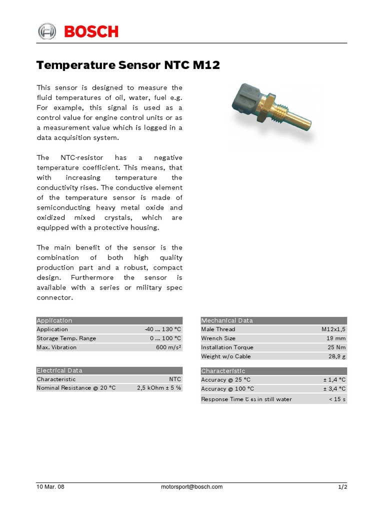Bosch NTC M12 Temperature Sensor Datasheet | PDF | Electrical Connector ...