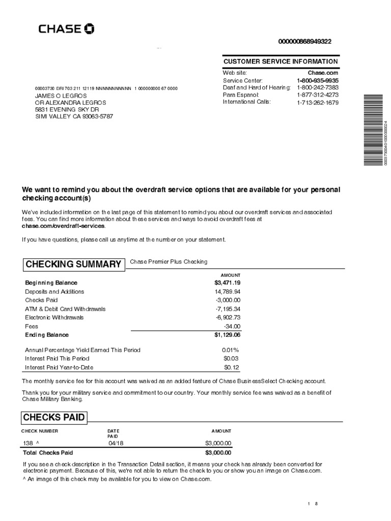 Chase Bank Statement Overview | PDF | Overdraft | Transaction Account