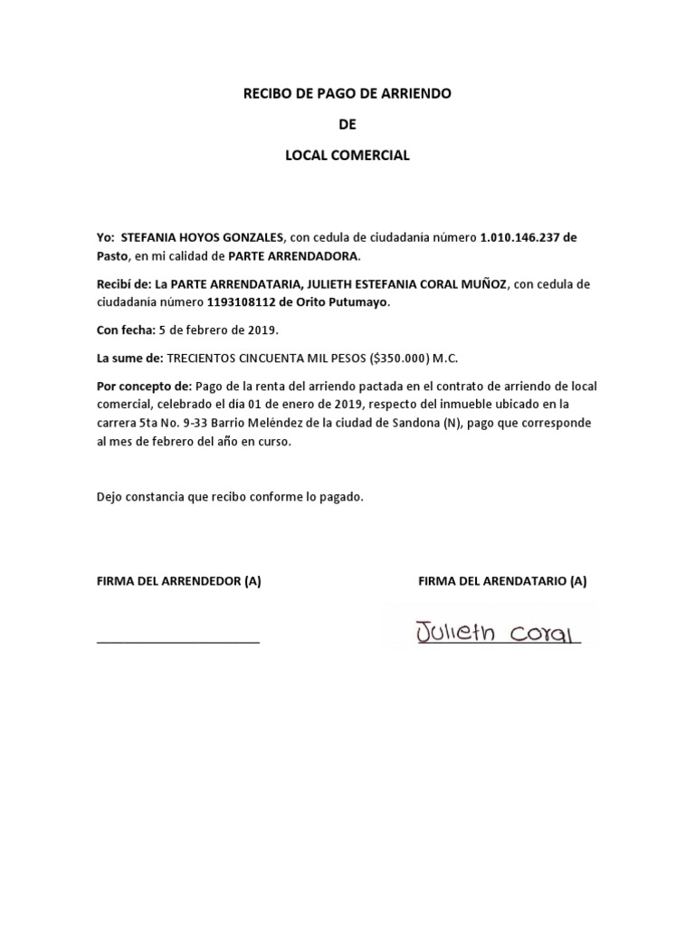 Recibo de Pago de Arriendo | PDF