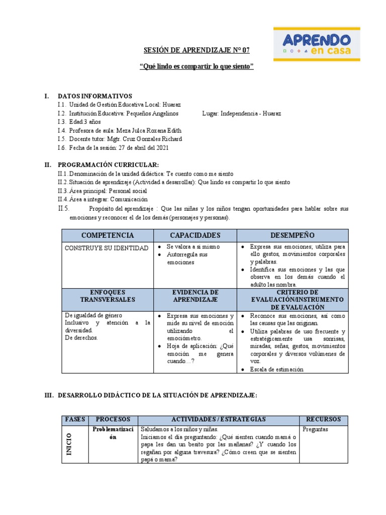 Compartiendo emociones en preescolar | PDF | Las emociones | Aprendizaje