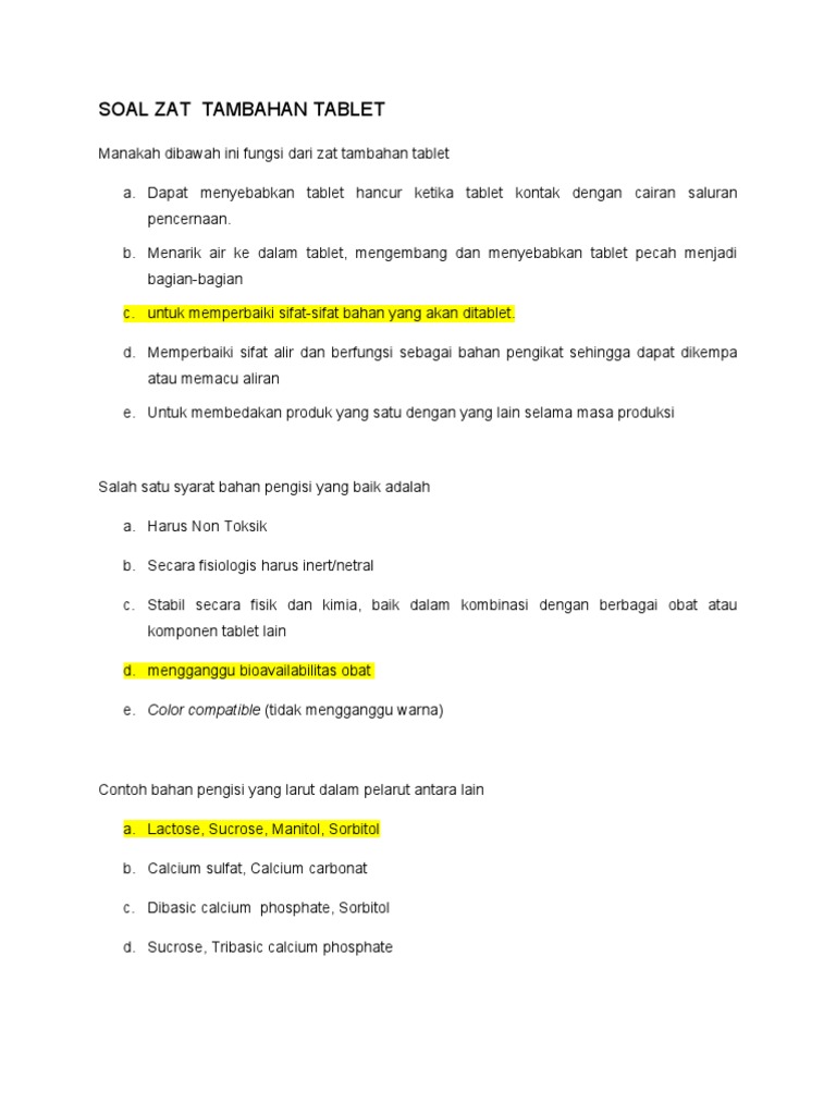 Soal Zat Tambahan Tablet
